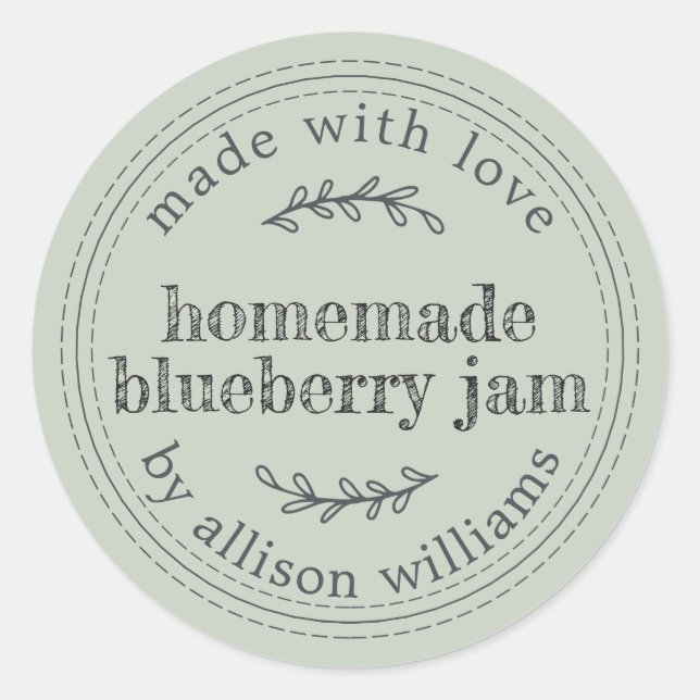 Rustic Homemade Blueberry Jam Canning Pastel Green Classic Round Sticker (Front)