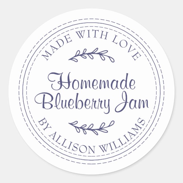 Rustic Homemade Blueberry Jam Navy Blue Scripy Classic Round Sticker (Front)
