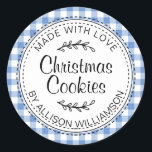 Rustic Homemade Christmas Cookies Blue Check Classic Round Sticker<br><div class="desc">Rustic, modern and simple homemade baked goods apple pie sticker with the text made with love, Christmas cookies and your name in elegant handwritten script calligraphy and typography on a cornflower blue check pattern background with a stylish touch of foliage. Simply add your name and the product name to the...</div>