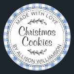 Rustic Homemade Christmas Cookies Blue Check Classic Round Sticker<br><div class="desc">Rustic, modern and simple homemade baked goods apple pie sticker with the text made with love, Christmas cookies and your name in elegant handwritten script calligraphy and typography on a cornflower blue check pattern background with a stylish touch of foliage. Simply add your name and the product name to the...</div>