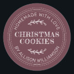 Rustic Homemade Christmas Cookies Burgundy Classic Round Sticker<br><div class="desc">Rustic and modern homemade baked goods sticker with the text homemade with love, christmas cookies and your name in modern typography on a burgundy background. Simply add your name and the product name to the label. Exclusively designed for you by Happy Dolphin Studio. If you need any help or matching...</div>