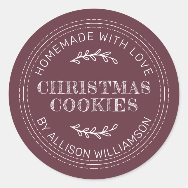 Rustic Homemade Christmas Cookies Burgundy Classic Round Sticker (Front)