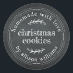 Rustic Homemade Christmas Cookies Chalkboard Classic Round Sticker<br><div class="desc">Rustic and modern homemade Christmas cookies sticker with the text homemade with love,  Christmas cookies and your name in modern script on a chalkboard background. Simply add your name and the product name to the label. Exclusively designed for you by Happy Dolphin Studio.</div>