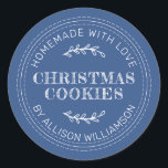 Rustic Homemade Christmas Cookies Classic Blue Classic Round Sticker<br><div class="desc">Rustic and modern homemade baked goods sticker with the text homemade with love, christmas cookies and your name in modern typography on a classic blue background. Simply add your name and the product name to the label. Exclusively designed for you by Happy Dolphin Studio. If you need any help or...</div>