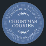 Rustic Homemade Christmas Cookies Classic Blue Classic Round Sticker<br><div class="desc">Rustic and modern homemade baked goods sticker with the text homemade with love, christmas cookies and your name in modern typography on a classic blue background. Simply add your name and the product name to the label. Exclusively designed for you by Happy Dolphin Studio. If you need any help or...</div>