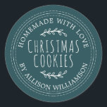 Rustic Homemade Christmas Cookies Deep Teal Classic Round Sticker<br><div class="desc">Rustic and modern homemade baked goods sticker with the text homemade with love, christmas cookies and your name in stylish typography on a deep teal background. Simply add your name and the product name to the label. Exclusively designed for you by Happy Dolphin Studio. If you need any help or...</div>
