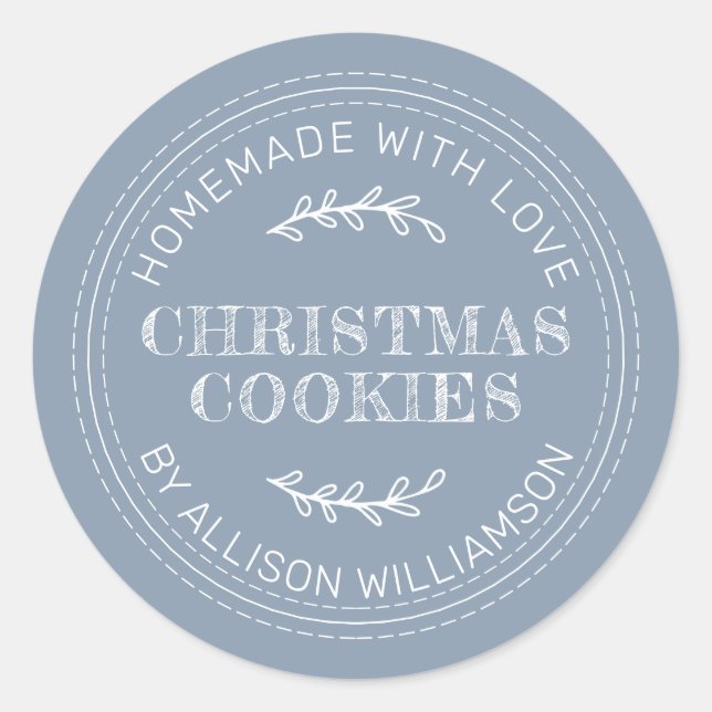 Rustic Homemade Christmas Cookies Dusty Blue Classic Round Sticker (Front)