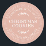 Rustic Homemade Christmas Cookies Dusty Pink Classic Round Sticker<br><div class="desc">Rustic and modern homemade baked goods sticker with the text homemade with love, christmas cookies and your name in modern typography on a dusty pink background. Simply add your name and the product name to the label. Exclusively designed for you by Happy Dolphin Studio. If you need any help or...</div>