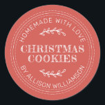 Rustic Homemade Christmas Cookies Fall Red Classic Round Sticker<br><div class="desc">Rustic and modern homemade baked goods sticker with the text homemade with love, christmas cookies and your name in modern typography on a fall red background. Simply add your name and the product name to the label. Exclusively designed for you by Happy Dolphin Studio. If you need any help or...</div>