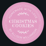 Rustic Homemade Christmas Cookies Fuchsia Pink Classic Round Sticker<br><div class="desc">Rustic and modern homemade baked goods sticker with the text homemade with love, christmas cookies and your name in modern typography on a fuchsia pink background. Simply add your name and the product name to the label. Exclusively designed for you by Happy Dolphin Studio. If you need any help or...</div>
