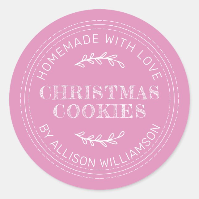 Rustic Homemade Christmas Cookies Fuchsia Pink Classic Round Sticker (Front)