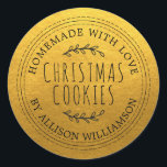 Rustic Homemade Christmas Cookies Gold Classic Round Sticker<br><div class="desc">Rustic and modern homemade baked goods sticker with the text homemade with love, christmas cookies and your name in stylish typography on a classic gold background. Simply add your name and the product name to the label. Exclusively designed for you by Happy Dolphin Studio. If you need any help or...</div>