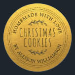 Rustic Homemade Christmas Cookies Gold Classic Round Sticker<br><div class="desc">Rustic and modern homemade baked goods sticker with the text homemade with love, christmas cookies and your name in stylish typography on a classic gold background. Simply add your name and the product name to the label. Exclusively designed for you by Happy Dolphin Studio. If you need any help or...</div>