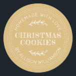 Rustic Homemade Christmas Cookies Gold Yellow Classic Round Sticker<br><div class="desc">Rustic and modern homemade baked goods sticker with the text homemade with love, christmas cookies and your name in modern typography on a bright days gold yellow background. Simply add your name and the product name to the label. Exclusively designed for you by Happy Dolphin Studio. If you need any...</div>