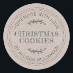 Rustic Homemade Christmas Cookies Kraft Paper Classic Round Sticker<br><div class="desc">Rustic and modern homemade baked goods sticker with the text homemade with love, christmas cookies and your name in modern typography on a kraft paper background. Simply add your name and the product name to the label. Exclusively designed for you by Happy Dolphin Studio. If you need any help or...</div>