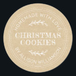 Rustic Homemade Christmas Cookies Kraft Paper Classic Round Sticker<br><div class="desc">Rustic and modern homemade baked goods sticker with the text homemade with love, christmas cookies and your name in modern typography on a kraft paper background. Simply add your name and the product name to the label. Exclusively designed for you by Happy Dolphin Studio. If you need any help or...</div>