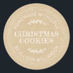 Rustic Homemade Christmas Cookies Kraft Paper Classic Round Sticker<br><div class="desc">Rustic and modern homemade baked goods sticker with the text homemade with love, christmas cookies and your name in modern typography on a kraft paper background. Simply add your name and the product name to the label. Exclusively designed for you by Happy Dolphin Studio. If you need any help or...</div>