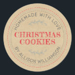Rustic Homemade Christmas Cookies Kraft Paper Classic Round Sticker<br><div class="desc">Rustic and modern homemade baked goods apple pie sticker with the text homemade with love, christmas cookies and your name in modern typography on a kraft paper background. Simply add your name and the product name to the label. Exclusively designed for you by Happy Dolphin Studio. If you need any...</div>