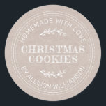 Rustic Homemade Christmas Cookies Kraft Paper Classic Round Sticker<br><div class="desc">Rustic and modern homemade baked goods sticker with the text homemade with love, christmas cookies and your name in modern typography on a kraft paper background. Simply add your name and the product name to the label. Exclusively designed for you by Happy Dolphin Studio. If you need any help or...</div>