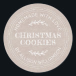 Rustic Homemade Christmas Cookies Kraft Paper Classic Round Sticker<br><div class="desc">Rustic and modern homemade baked goods sticker with the text homemade with love, christmas cookies and your name in modern typography on a kraft paper background. Simply add your name and the product name to the label. Exclusively designed for you by Happy Dolphin Studio. If you need any help or...</div>