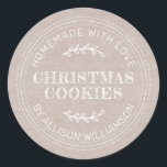 Rustic Homemade Christmas Cookies Kraft Paper Classic Round Sticker<br><div class="desc">Rustic and modern homemade baked goods sticker with the text homemade with love, christmas cookies and your name in modern typography on a kraft paper background. Simply add your name and the product name to the label. Exclusively designed for you by Happy Dolphin Studio. If you need any help or...</div>
