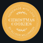 Rustic Homemade Christmas Cookies Mellow Yellow Classic Round Sticker<br><div class="desc">Rustic and modern homemade baked goods sticker with the text homemade with love, christmas cookies and your name in modern typography on a mellow yellow background. Simply add your name and the product name to the label. Exclusively designed for you by Happy Dolphin Studio. If you need any help or...</div>