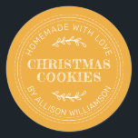 Rustic Homemade Christmas Cookies Mellow Yellow Classic Round Sticker<br><div class="desc">Rustic and modern homemade baked goods sticker with the text homemade with love, christmas cookies and your name in modern typography on a mellow yellow background. Simply add your name and the product name to the label. Exclusively designed for you by Happy Dolphin Studio. If you need any help or...</div>