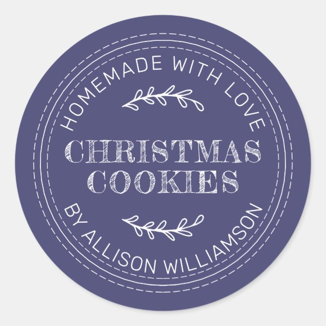 Rustic Homemade Christmas Cookies Navy Blue Classic Round Sticker (Front)