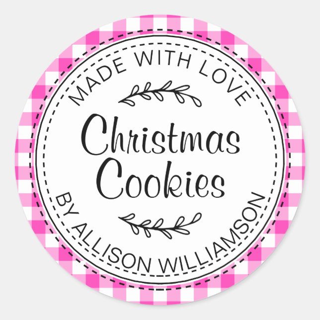 Rustic Homemade Christmas Cookies Neon Pink Check Classic Round Sticker (Front)