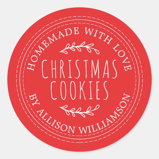 Rustic Homemade Christmas Cookies Red Classic Round Sticker (Front)