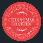 Rustic Homemade Christmas Cookies Red Classic Round Sticker<br><div class="desc">Rustic and modern homemade baked goods sticker with the text homemade with love, christmas cookies and your name in modern typography on a bright red background. Simply add your name and the product name to the label. Exclusively designed for you by Happy Dolphin Studio. If you need any help or...</div>