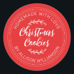 Rustic Homemade Christmas Cookies Red Classic Round Sticker<br><div class="desc">Rustic and modern homemade baked goods sticker with the text homemade with love, christmas cookies and your name in handwritten script calligraphy and modern typography on a bright red background. Simply add your name and the product name to the label. Exclusively designed for you by Happy Dolphin Studio. If you...</div>