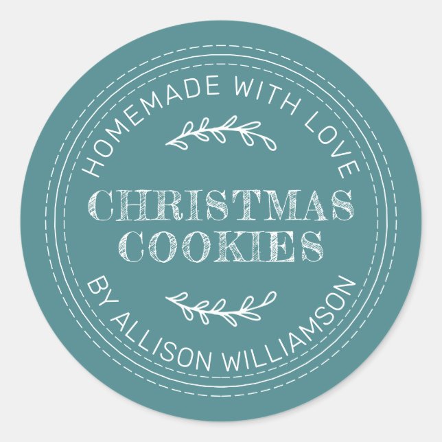 Rustic Homemade Christmas Cookies Teal Classic Round Sticker (Front)