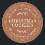 Rustic Homemade Christmas Cookies TerraCotta Classic Round Sticker<br><div class="desc">Rustic and modern homemade baked goods sticker with the text homemade with love, christmas cookies and your name in modern typography on a terracotta background. Simply add your name and the product name to the label. Exclusively designed for you by Happy Dolphin Studio. If you need any help or matching...</div>