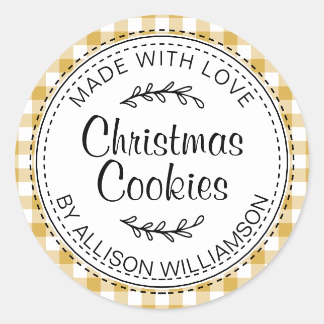Rustic Homemade Christmas Cookies Yellow Check Classic Round Sticker (Front)