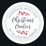 Rustic Homemade Christmas Cranberry Cookies  Classic Round Sticker<br><div class="desc">Rustic and modern homemade baked goods sticker with the text homemade with love, christmas cookies and your name in off-black handwritten script calligraphy and modern typography on a white background with a stylish touch of cranberries sprigs. Simply add your name and the product name to the label. Exclusively designed for...</div>