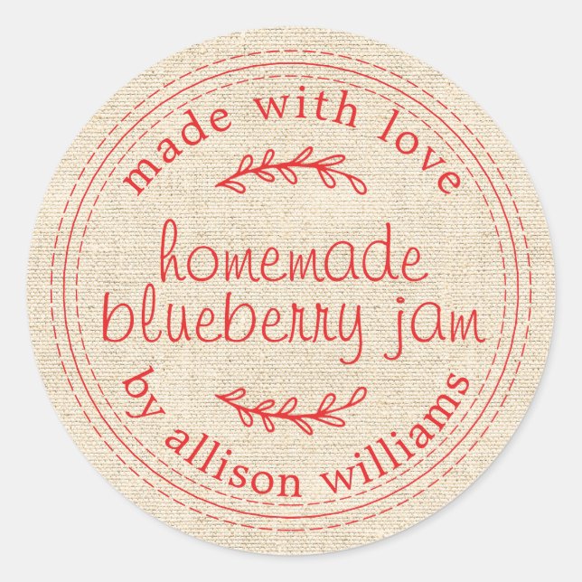 Rustic Homemade Jam Canning Red Script Linen Classic Round Sticker (Front)