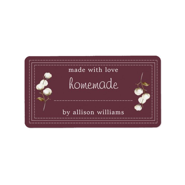 Rustic Homemade Label Cotton Sprig Burgundy (Front)