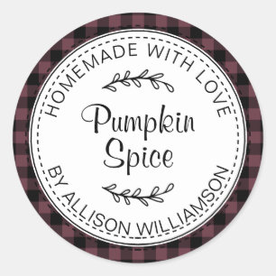 Rustic Homemade Pumpkin Spice Burgundy Check Classic Round Sticker