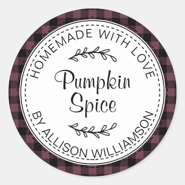 Rustic Homemade Pumpkin Spice Burgundy Check Classic Round Sticker (Front)