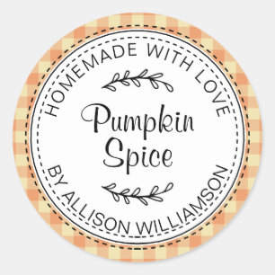 Rustic Homemade Pumpkin Spice Orange Yellow Check Classic Round Sticker
