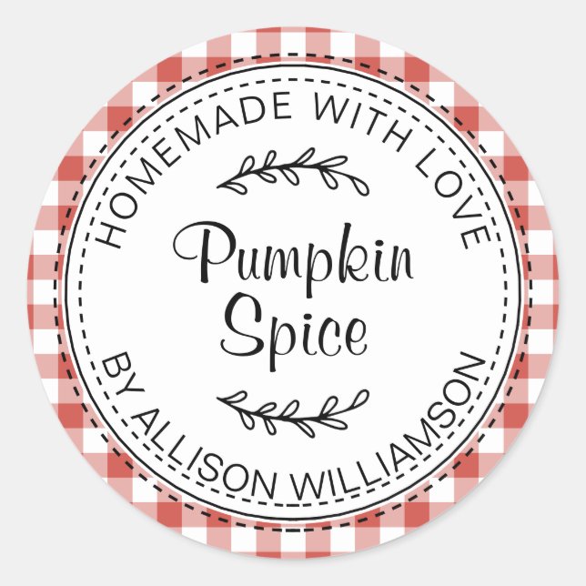 Rustic Homemade Pumpkin Spice Red Check Classic Round Sticker (Front)