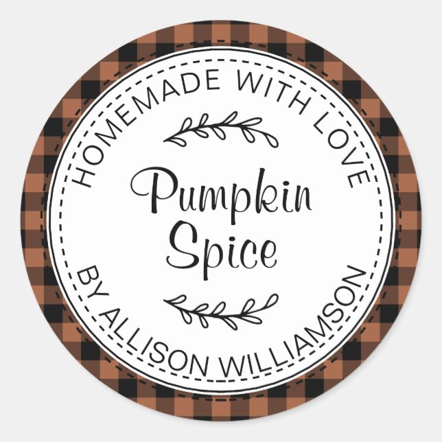 Rustic Homemade Pumpkin Spice TerraCotta Check Classic Round Sticker (Front)
