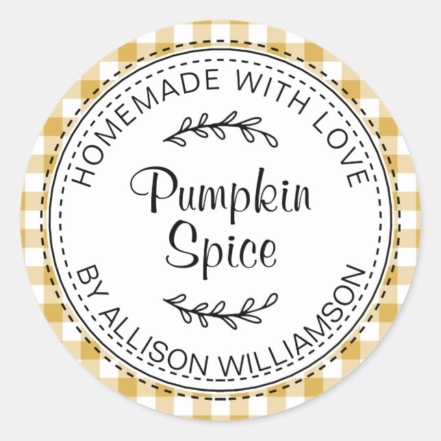 Rustic Homemade Pumpkin Spice Yellow Check Classic Round Sticker (Front)
