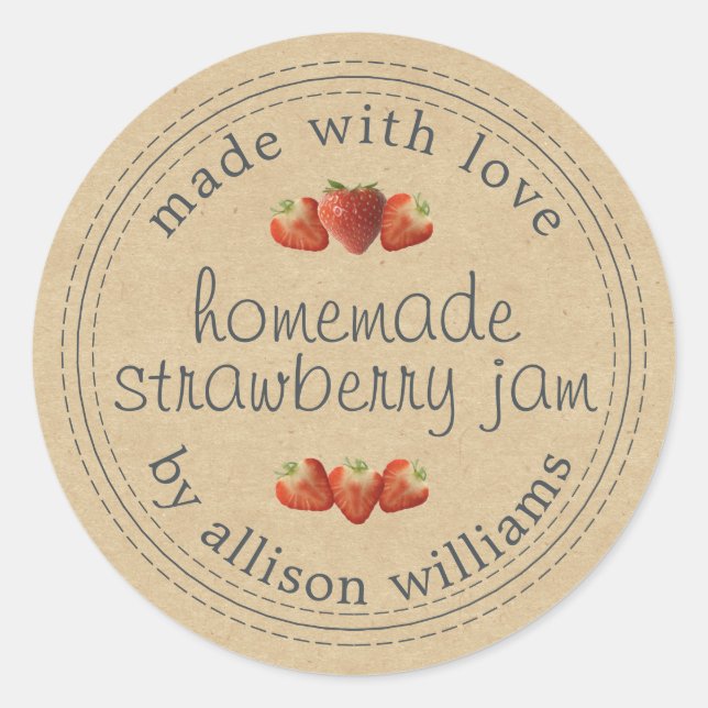 Rustic Homemade Strawberry Jam Canning Kraft Paper Classic Round Sticker (Front)