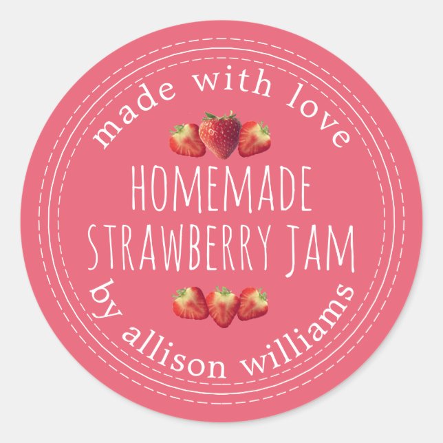 Rustic Homemade Strawberry Jam Pink Classic Round Sticker (Front)
