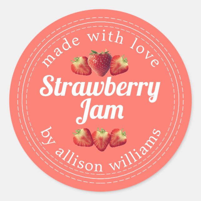 Rustic Homemade Strawberry Jam Pink Classic Round Sticker (Front)