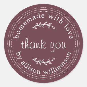 Rustic Homemade With Love Burgundy Thank You Classic Round Sticker