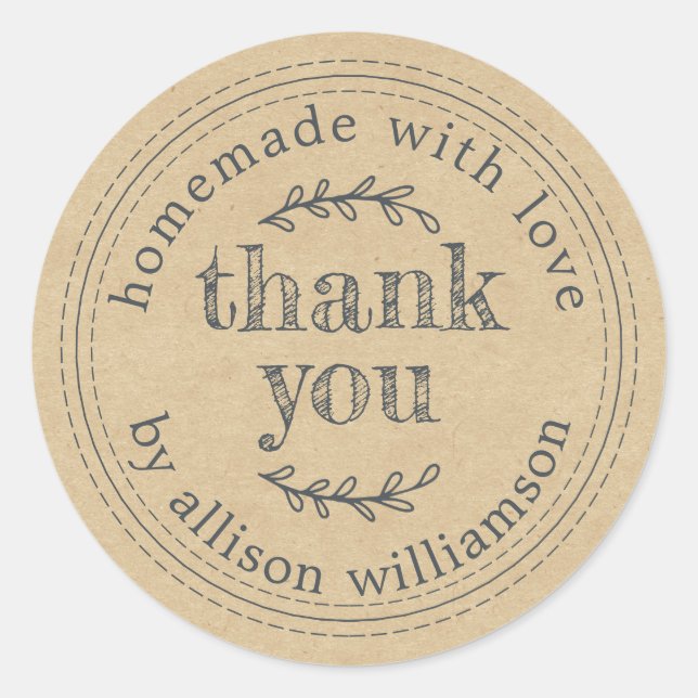Rustic Homemade With Love Kraft Paper Thank You Cl Classic Round Sticker (Front)