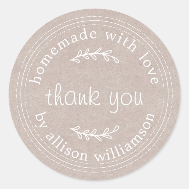 Rustic Homemade With Love Kraft Paper Thank You Classic Round Sticker (Front)